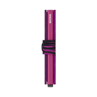 Secrid Miniwallet Zebra with purple aluminum card protector and black-purple zebra print leather strap