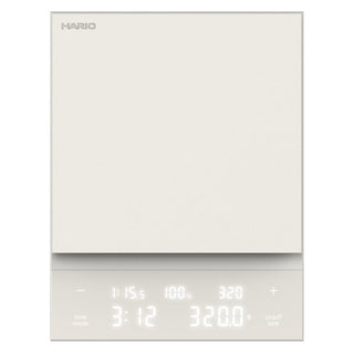 HARIO Polaris Coffee Scale in white with acrylic platform and digital display showing precise measurements