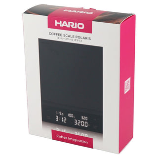HARIO Polaris Coffee Scale packaging showing front digital display and pink white branding box