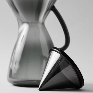 Able Kone Filter for Chemex 6, 8, 10 Cup Coffee Maker stainless steel mesh cone beside glass carafe