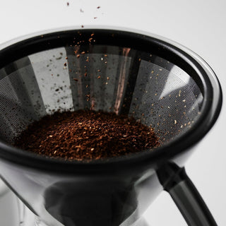 Able Kone Filter for Chemex 6, 8, 10 Cup Coffee Maker with fine stainless steel mesh and coffee grounds