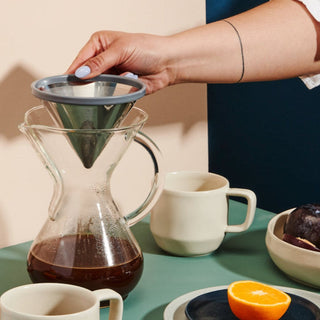 Able Kone Filter for Chemex 6, 8, 10 Cup Coffee Maker stainless steel mesh held above glass carafe