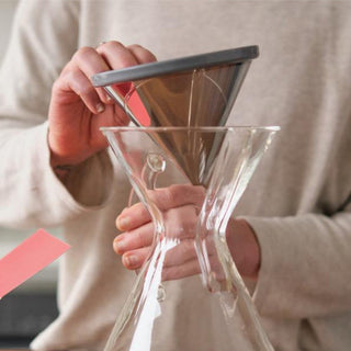 Able Kone Filter for Chemex 6, 8, 10 Cup Coffee Maker stainless steel mesh filter in use with glass maker