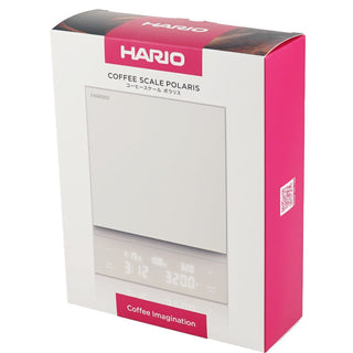 HARIO Polaris Coffee Scale in white with digital display shown in retail packaging box
