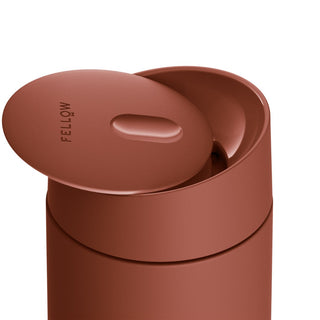 FELLOW Carter Slide Mug 12oz in terracotta with smooth sliding lid and matte finish stainless steel body