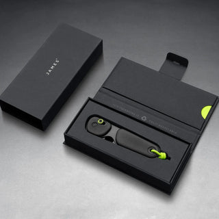 James The Redstone Knife in black polypropylene with lime green accents in a sleek black box by The James Brand