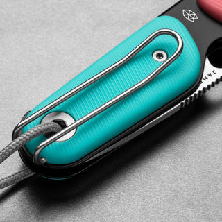 James The Redstone Knife with turquoise polypropylene handle and stainless steel pocket clip close-up