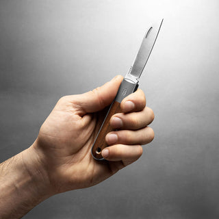 Hand holding James The Wayland Knife with rosewood handle and polished steel blade visible