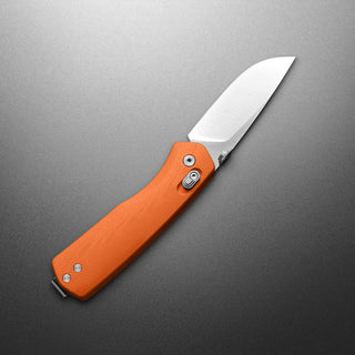 James The Carter Knife with bright orange Micarta handle and polished VG-10 blade angled open