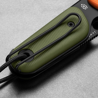 James The Redstone Knife with textured olive green polypropylene handle and black stainless pocket clip close-up