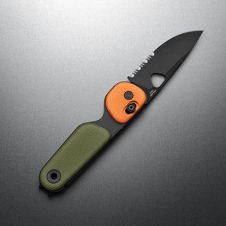 James The Redstone Knife with green textured handle and orange ambidextrous slide lock by The James Brand