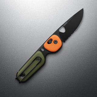 James The Redstone Knife with black blade and textured orange and green polypropylene handle with pocket clip