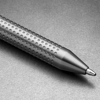 Close-up of James The Burwell Ballpoint Pen stainless textured grip and tip