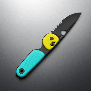 James The Redstone Knife with black serrated blade and textured blue and yellow polypropylene handles