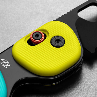 James The Redstone Knife close-up showing yellow textured polypropylene handle and black hardware details