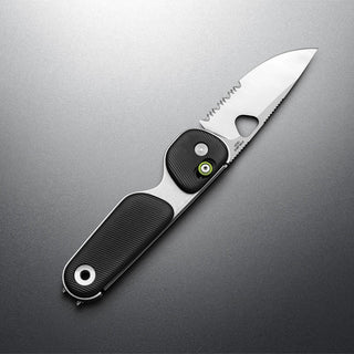 James The Redstone Knife with textured black handle and partially serrated stainless steel blade opened flat