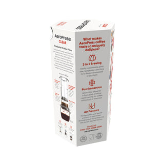 AeroPress Clear Coffee Maker packaging highlighting brewing features and clear design details