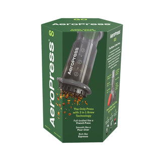 AeroPress Go Coffee Maker packaging showing compact, portable design with dark green branding and coffee grounds illustration