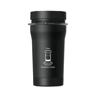 AeroPress Go Plus Travel System black compact coffee maker with press graphic on front surface