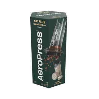 AeroPress Go Plus Travel System packaging showing cream coffee maker with brewing components and coffee grounds