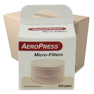 AeroPress Microfilters (350-Pack) showing round white paper filters stacked inside branded packaging