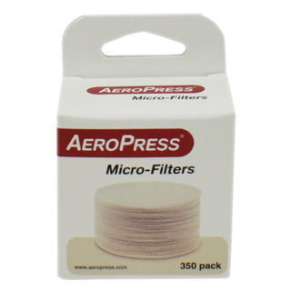 AeroPress Microfilters (350-Pack) box showing stacked round paper coffee filters in white color