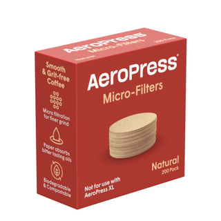 AeroPress Natural Microfilters (200-Pack) box showing biodegradable paper filters in natural color on red background