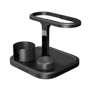 AeroPress Organizer in black with compartments for filters and AeroPress accessories on a square base
