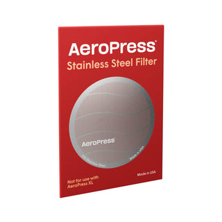 AeroPress Stainless Steel Reusable Filter packaging highlighting fine mesh and durable design