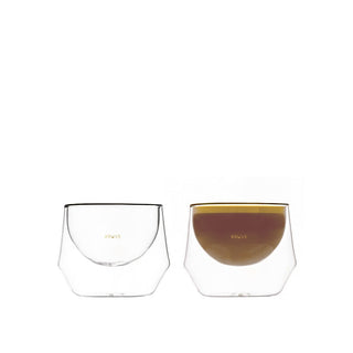 KRUVE IMAGINE Glasses (2-Pack) with hand-blown borosilicate glass, one empty and one filled with coffee
