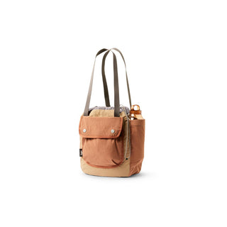 Bellroy Cinch Tote in earth tones with external pocket and long shoulder straps made from recycled fabrics
