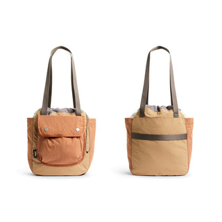 Bellroy Cinch Tote in tan and rust tones with front pocket and adjustable shoulder straps viewed from front and back