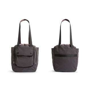 Bellroy Cinch Tote in dark recycled nylon showing front pocket and rear side view with shoulder straps