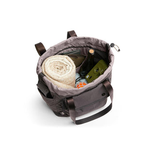 Bellroy Cinch Tote open top showing spacious interior with towel and bottle in recycled fabric