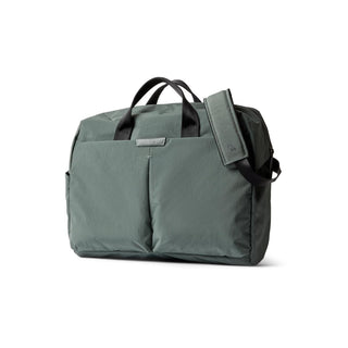 Bellroy Tokyo Work Bag in muted green recycled fabric with dual front pockets and padded strap