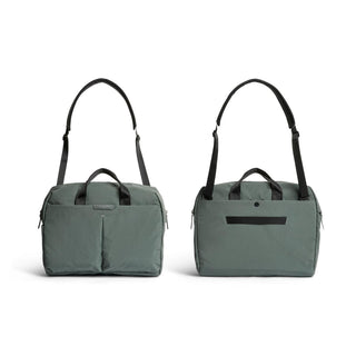 Bellroy Tokyo Work Bag green recycled fabric tote shown from front and back with adjustable strap