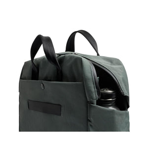 Bellroy Tokyo Work Bag in dark green recycled fabric with dual handles and zippered main compartment partially open
