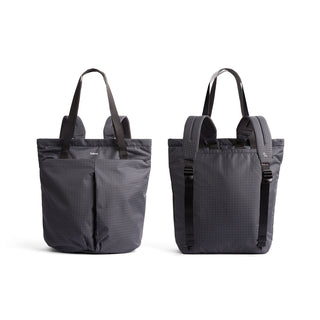 Bellroy Lite Totepack in dark checkered recycled fabric shown from front and back angles