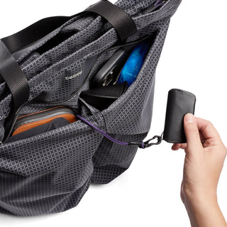 Bellroy Lite Totepack in black recycled fabric with external pocket and key holder attachment