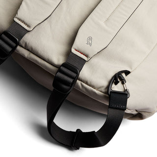 Bellroy Lite Totepack beige recycled fabric shoulder straps and black adjustable clasp detail close-up
