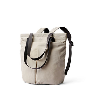 Bellroy Lite Totepack in light beige with dual straps and recycled fabric texture visible