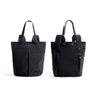 Bellroy Lite Totepack showing front and back views with black recycled fabric and convertible straps