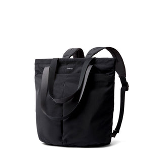 Bellroy Lite Totepack in black recycled nylon with tote handles and backpack straps, side view angle.