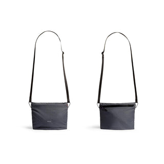 Bellroy Lite Sacoche crossbody bag in recycled polyester with adjustable black strap shown front and back views