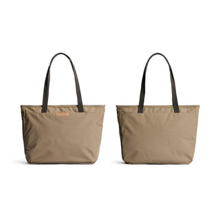Bellroy Tokyo Tote Compact in tan woven fabric with black handles shown from front and back sides