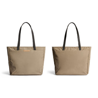 Bellroy Tokyo Tote Second Edition in beige water-resistant fabric with black straps shown front and back views