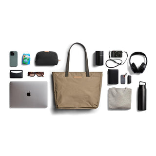 Bellroy Tokyo Tote Second Edition in tan woven fabric with leather details and long handles viewed from above