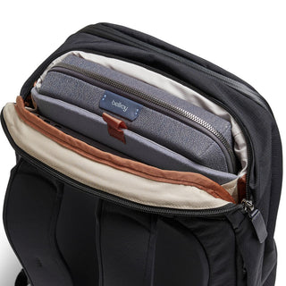 Bellroy Transit Workpack 20L with gray organizer pouch inside black durable fabric backpack