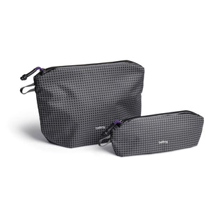 Bellroy Lite Pouch Duo in black grid pattern with durable recycled nylon fabric and purple zipper pull
