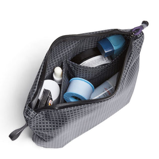 Bellroy Lite Pouch Duo in gray recycled nylon with organized compartments and toiletry essentials inside